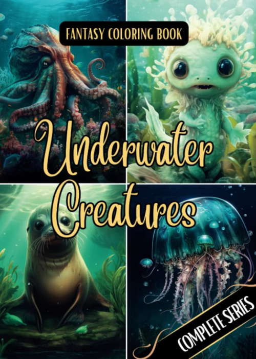 Fantasy Coloring Book Underwater Creatures Complete Series: For Adults and Teens | 100 Black Line and Grayscale Images of Mystical Creatures